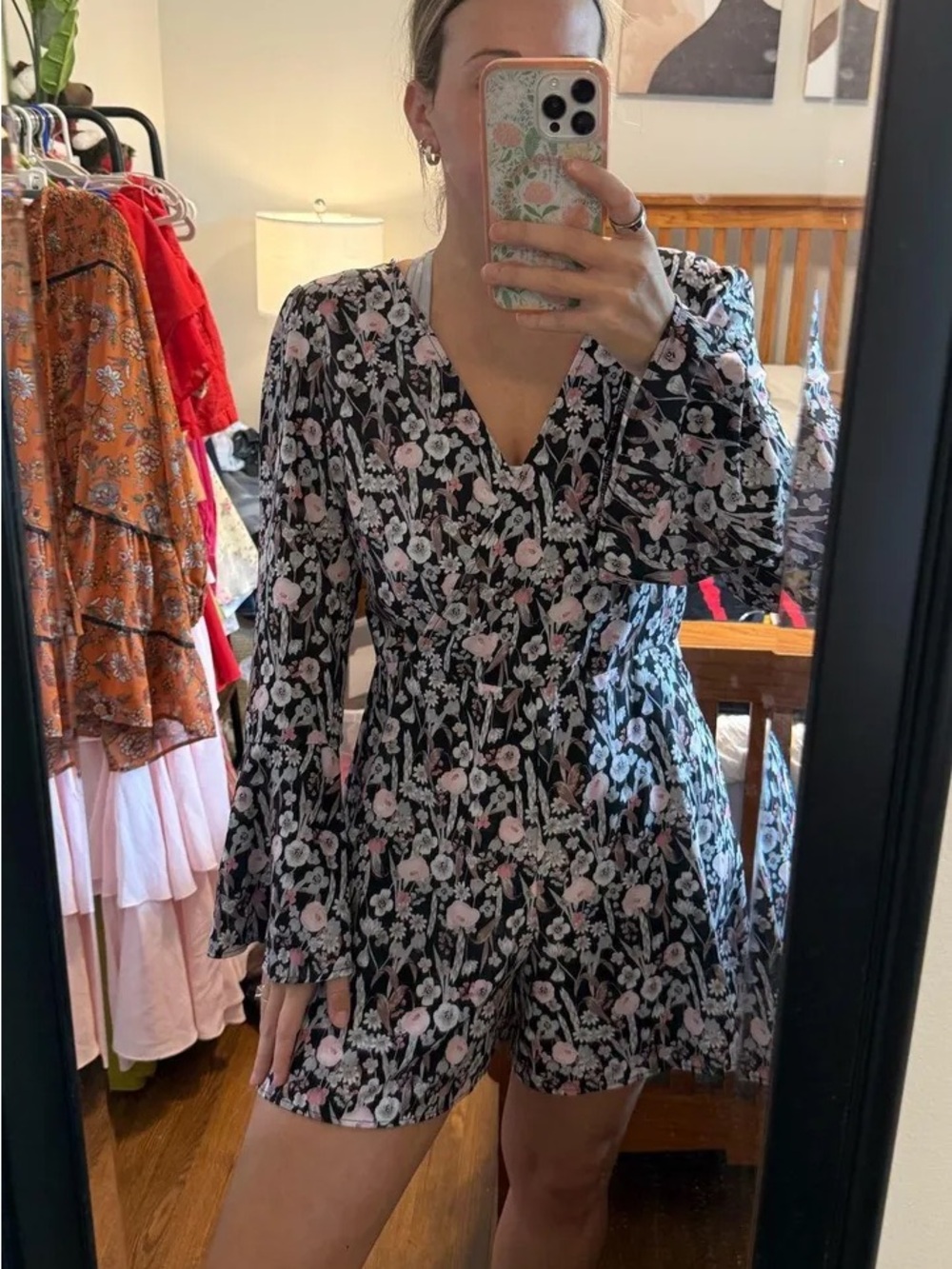 Miss Selfridge Black Floral V-Neck Long Sleeve Dress
